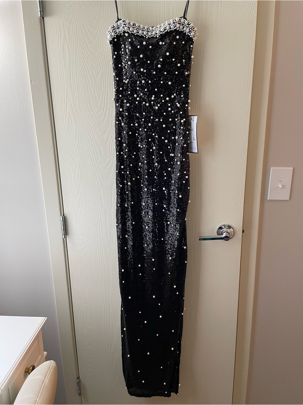 NWT!! Strapless Black Sequin Prom Dress with Pearl Trim and embellishments